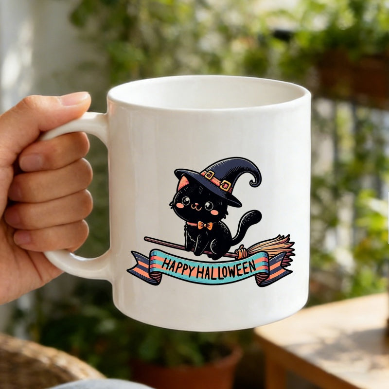 Tailorly White Ceramic 11 oz Mug - Happy Halloween Adorable Little Black Kitten Wearing A Wizard Hat On A Flying Broomstick Cat