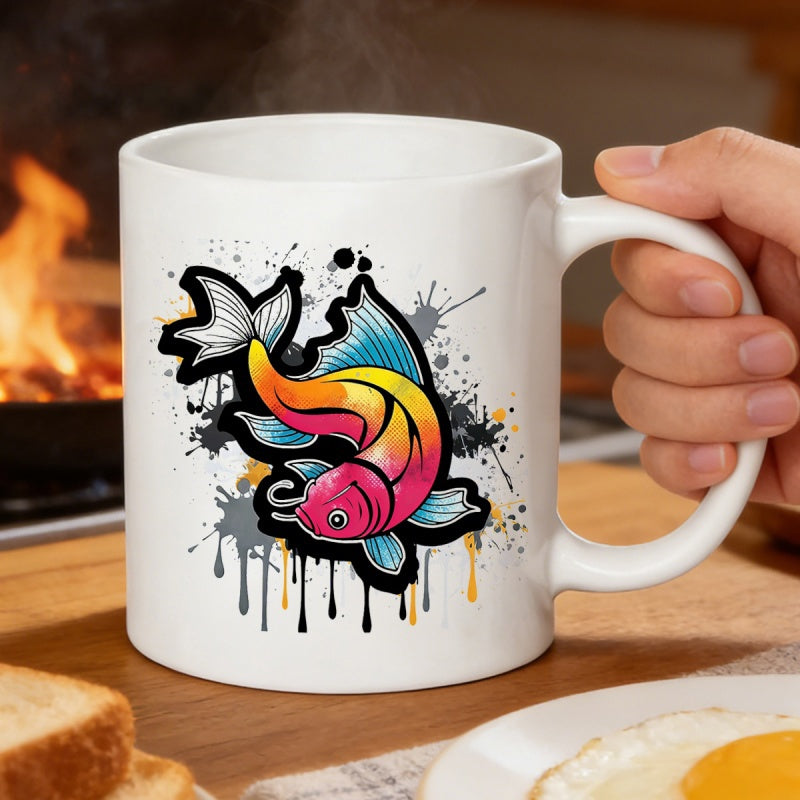 Tailorly White Ceramic 11 oz Mug - Vibrant Rainbow Gradient Fish With Artistic Splatter Paint Background Modern Swimming Fish