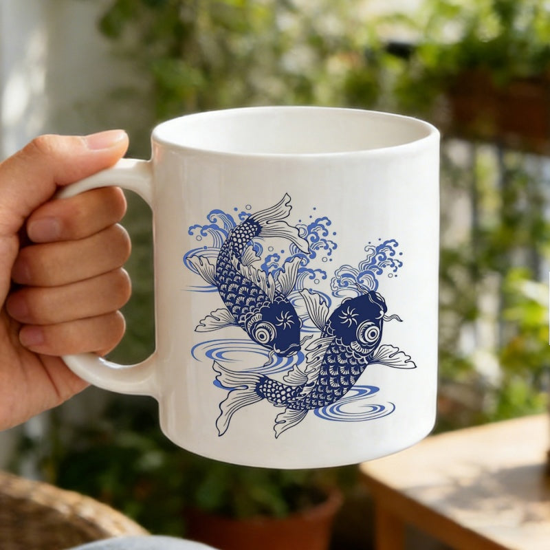 Tailorly White Ceramic 11 oz Mug - Two Blue Traditional Oriental Style Swimming Among Splashing Water Ripples Koi Fish