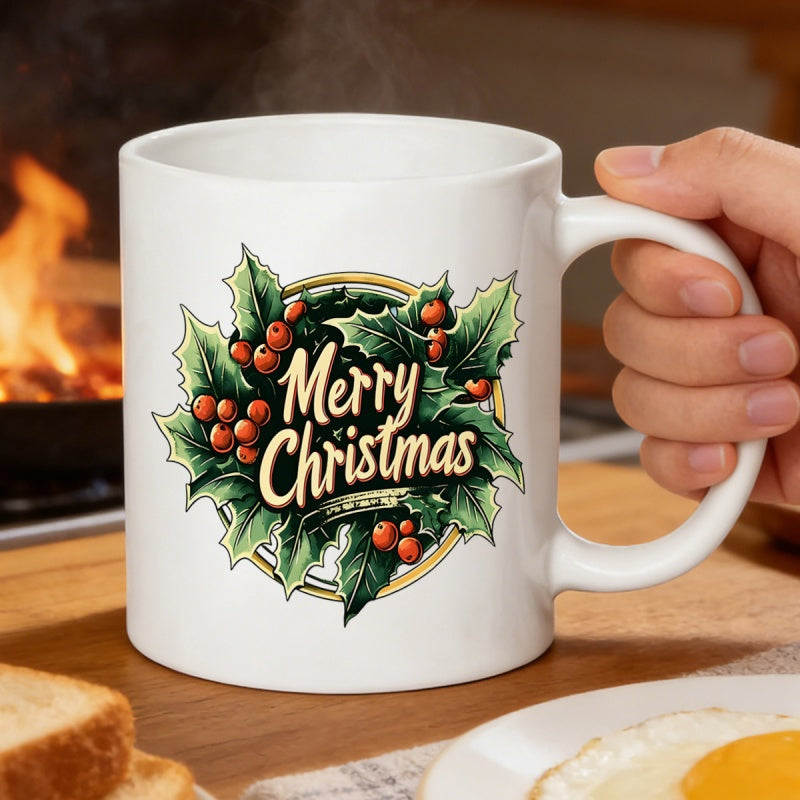 Tailorly White Ceramic 11 oz Mug - Merry Christmas Classic Festive Green Holly Leaves And Red Berries Arranged In A Circular Wreath
