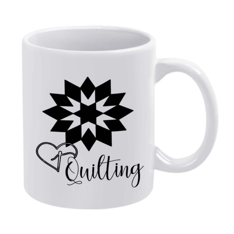 Tailorly White Ceramic 11 oz Mug - Quilting Traditional Geometric Black Star Symbol Combined With Heart And Needle Star