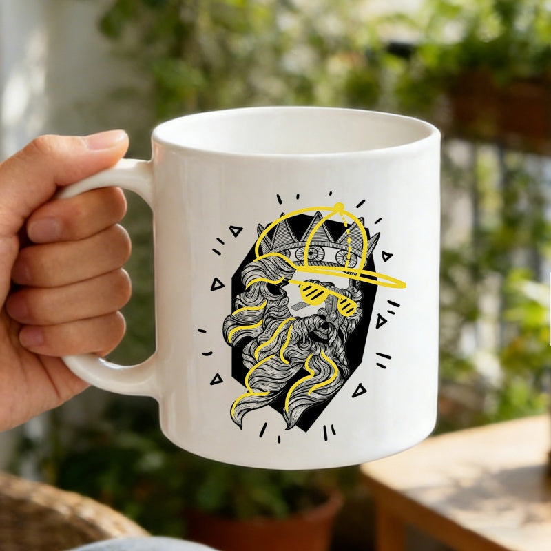 Tailorly White Ceramic 11 oz Mug - Cool Hip Hop Bearded Man With Golden Crown And Yellow Sunglasses King