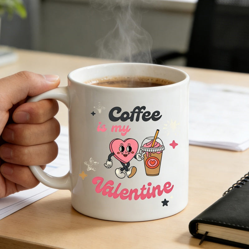 Tailorly White Ceramic 11 oz Mug - Coffee Is My Valentine Retro Style Cartoon Character Holding Iced Coffee With Sparkling Stars Heart