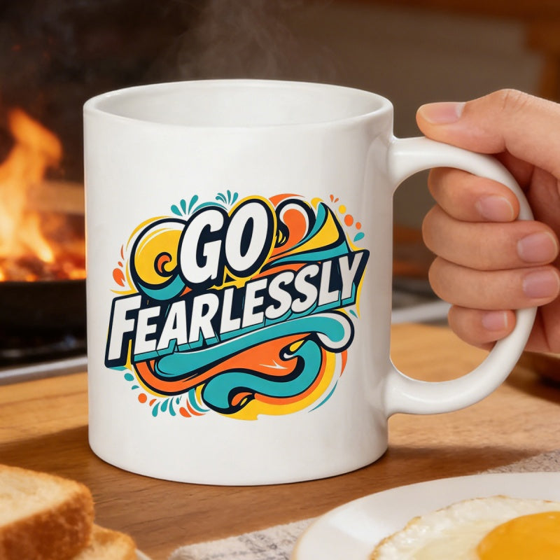 Tailorly White Ceramic 11 oz Mug - Go Fearlessly Colorful Abstract Retro Swirls With Vibrant Groovy Waves Lettering