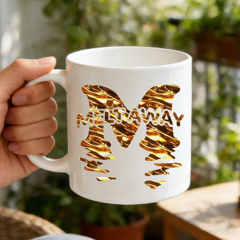Tailorly White Ceramic 11 oz Mug - Meltaway Liquid Golden Amber Ripples Flowing Within A Stylized Monogram Letter