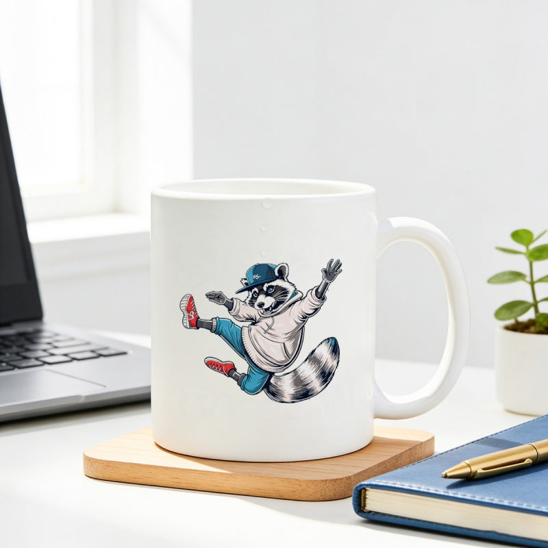 Tailorly White Ceramic 11 oz Mug - Playful Streetwear Animal Character Wearing A Hoodie And Cap Jumping Energetically Raccoon