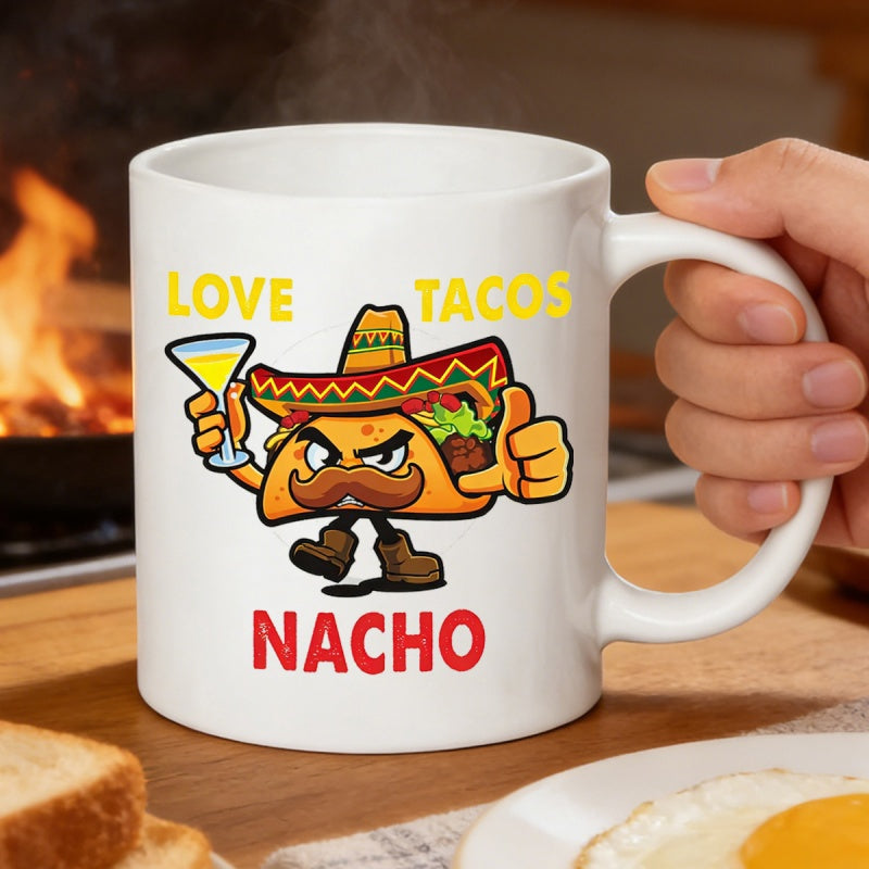 Tailorly White Ceramic 11 oz Mug - Love Tacos Nacho Animated Mexican Character With Sombrero Holding Margarita Glass Giving Thumbs Up Taco
