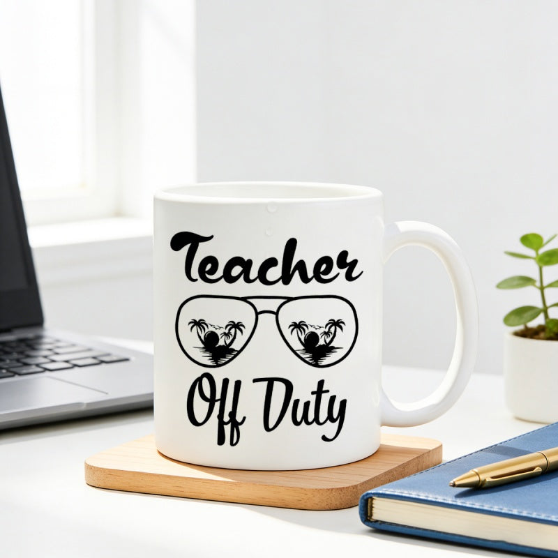Tailorly White Ceramic 11 oz Mug - Teacher Off Duty Summer Vacation Elements Featuring Palm Tree Silhouettes Within Aviator Sunglasses