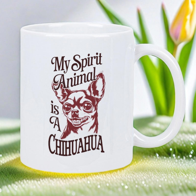 Tailorly White Ceramic 11 oz Mug - My Spirit Animal Is A Chihuahua Vintage Brown Ink Sketch Featuring A Small Alert Loyal Chihuahua