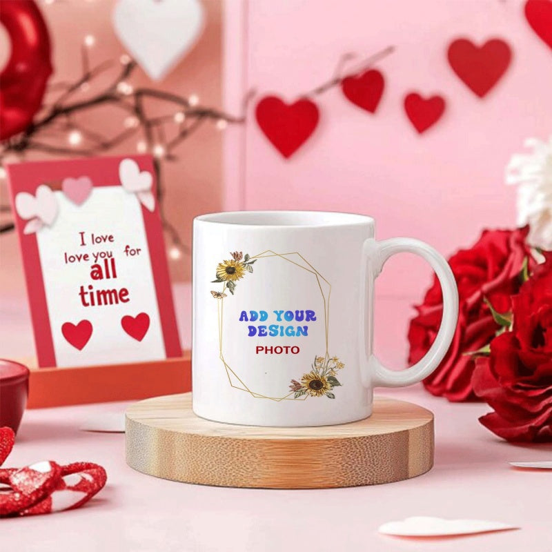 Tailorly White Ceramic 11 oz Mug - Add Your Design Photo Elegant Golden Geometric Frame Featuring Small Yellow Flowers And Greenery Mug