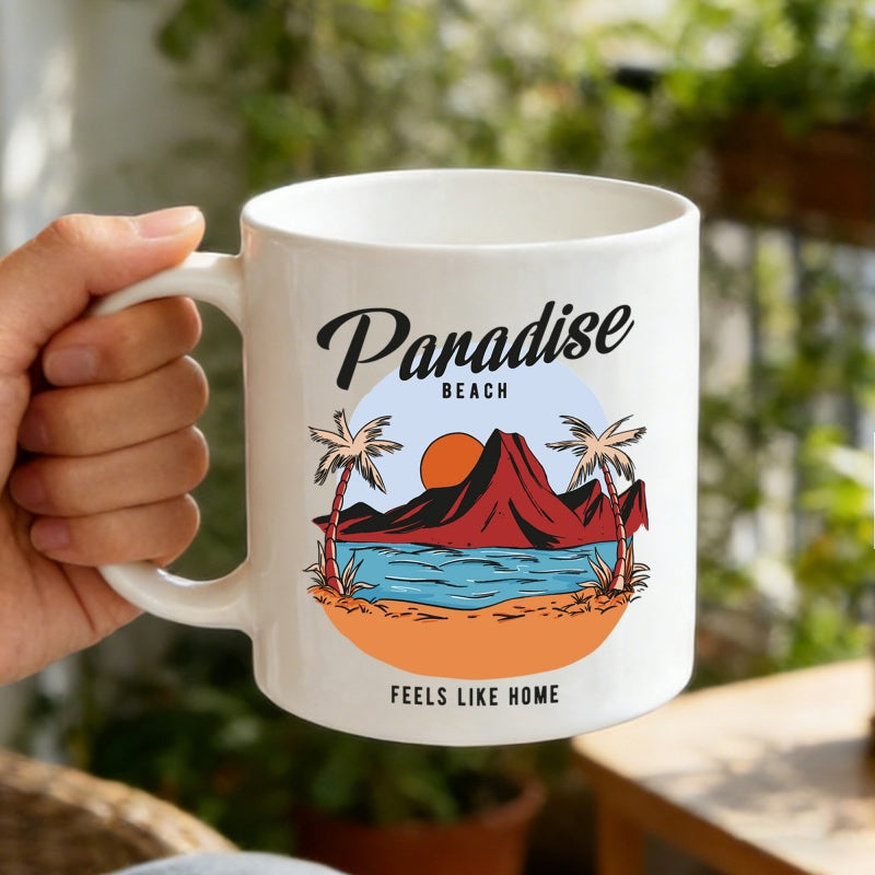 Tailorly White Ceramic 11 oz Mug - Paradise Beach Feels Like Home Tropical Sunset With Palm Trees Beside Mountains And Calm Water Beach