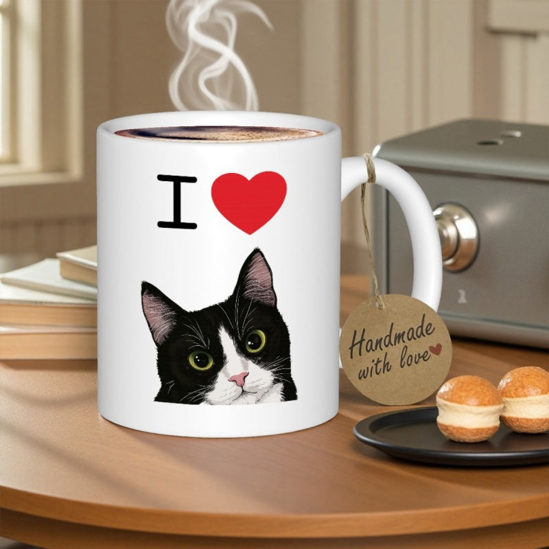 Tailorly White Ceramic 11 oz Mug - I Love Curious Peeking Black And White Tuxedo Silhouette With A Red Heart Cat