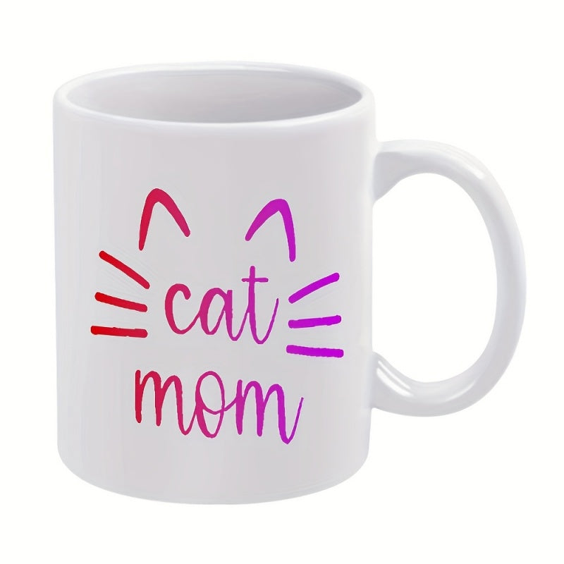 Tailorly White Ceramic 11 oz Mug - Cat Mom Minimalist Line Art Features Colorful Red To Purple Gradient Whiskers Cat