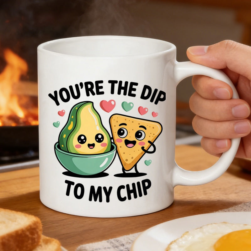 Tailorly White Ceramic 11 oz Mug - Youre The Dip To My Chip Smiling Green Cartoon Avocado In Bowl Next To Happy Nacho Chip Avocado