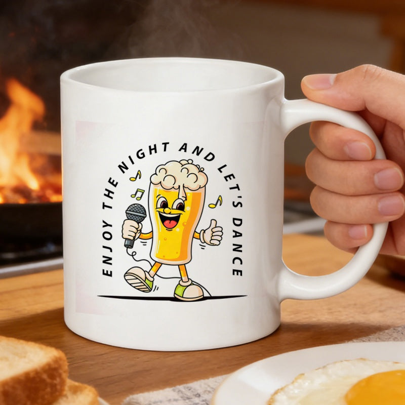 Tailorly White Ceramic 11 oz Mug - Enjoy The Night And Let's Dance Cheerful Cartoon Character Singing Into Microphone Among Floating Musical Notes Beer