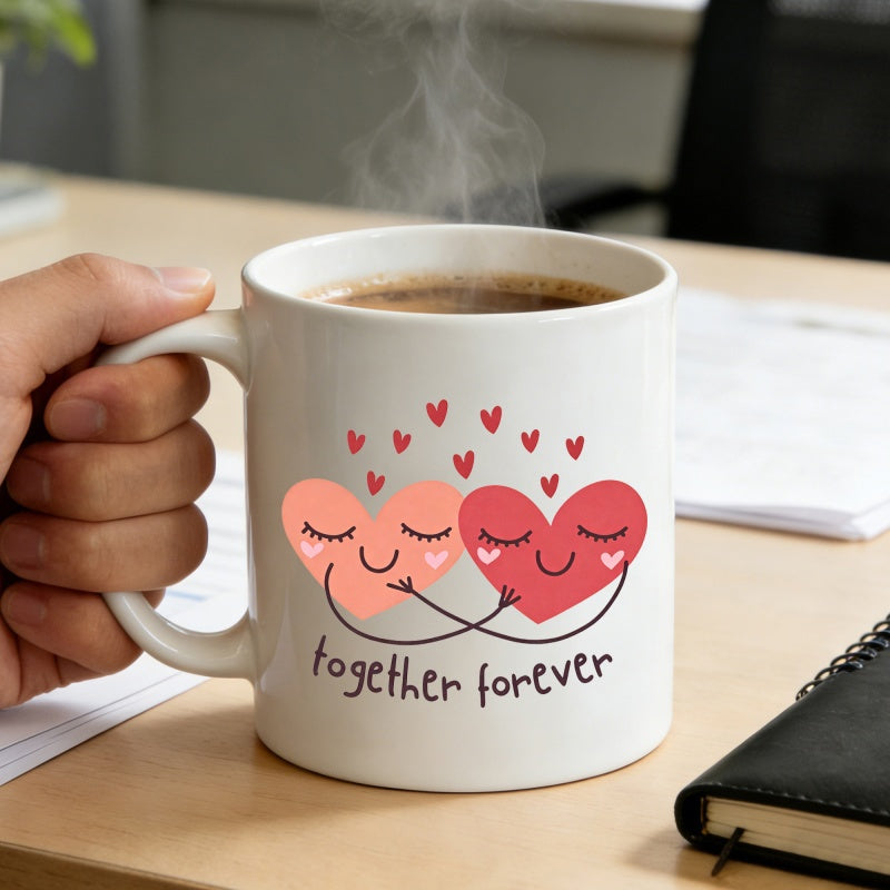 Tailorly White Ceramic 11 oz Mug - Together Forever Two Adorable Hugging Hearts Surrounded By Small Floating Red Heart