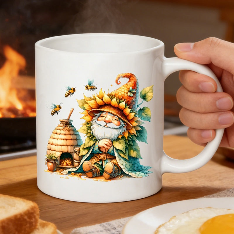 Tailorly White Ceramic 11 oz Mug - Whimsical Garden Creature Sitting By Honeycomb Hive Among Flying Honey Bees Gnome