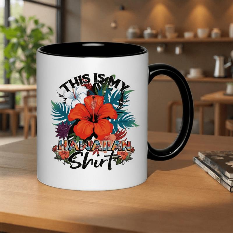 Tailorly Black Accent 11 oz Mug - ceramic mug featuring a hawaiian shirt design with hibiscus flowers holding 11oz 325ml its a vintage retro print