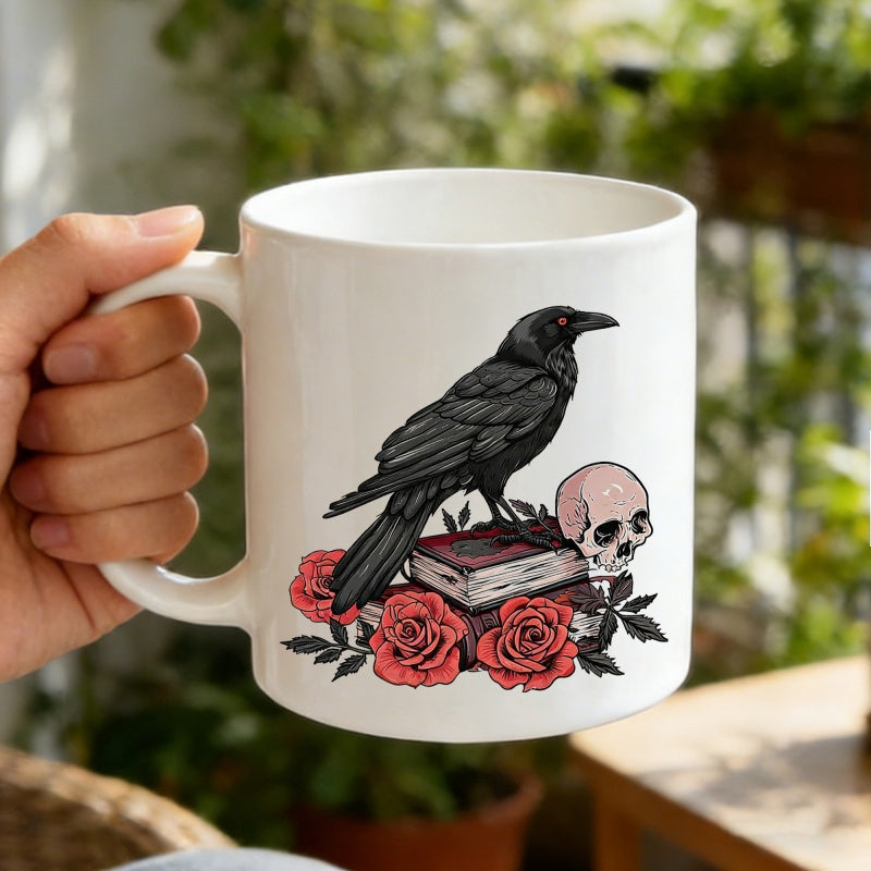 Tailorly White Ceramic 11 oz Mug - Dark Mysterious Bird Perched On Old Book With Skull And Roses Crow