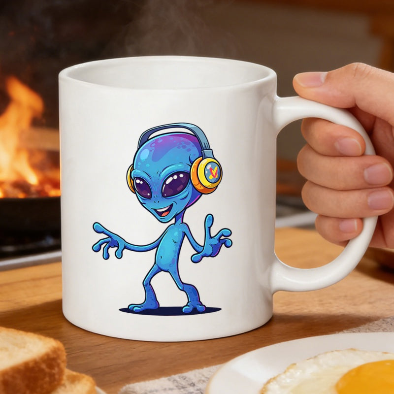 Tailorly White Ceramic 11 oz Mug - Funny Little Blue Extraterrestrial Character Wearing Headphones Listening To Music Alien