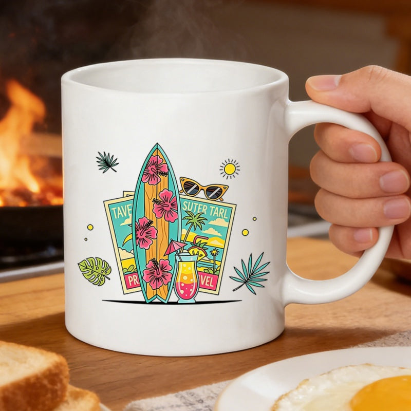 Tailorly White Ceramic 11 oz Mug - Travel Summer Vibrant Tropical Paradise Featuring Hibiscus Flowers And Summer Cocktail Surfboard