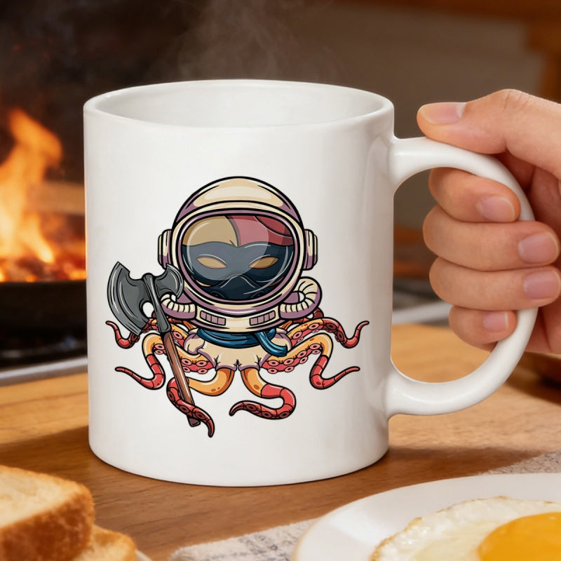Tailorly White Ceramic 11 oz Mug - Cute Space Traveler Holding Battle Axe With Red Tipped Tentacles Octopus