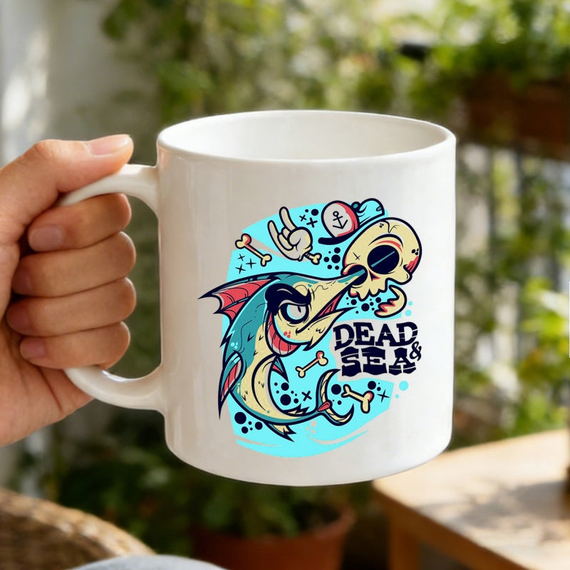 Tailorly White Ceramic 11 oz Mug - Dead Sea Vibrant Cartoon Illustration Featuring Angry Swordfish Jumping Beside Skull Wearing Sailor Hat Fish
