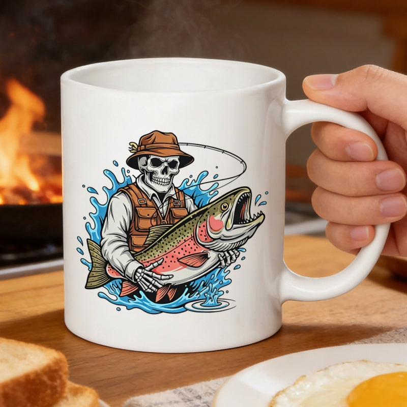 Tailorly White Ceramic 11 oz Mug - Fisher Wearing Hat Holding Large Trout Among Water Splashes Skeleton