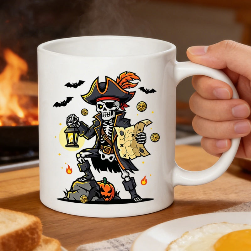 Tailorly White Ceramic 11 oz Mug - Cartoon Halloween Pirate Holding Treasure Map And Lantern Amidst Bats Skeleton