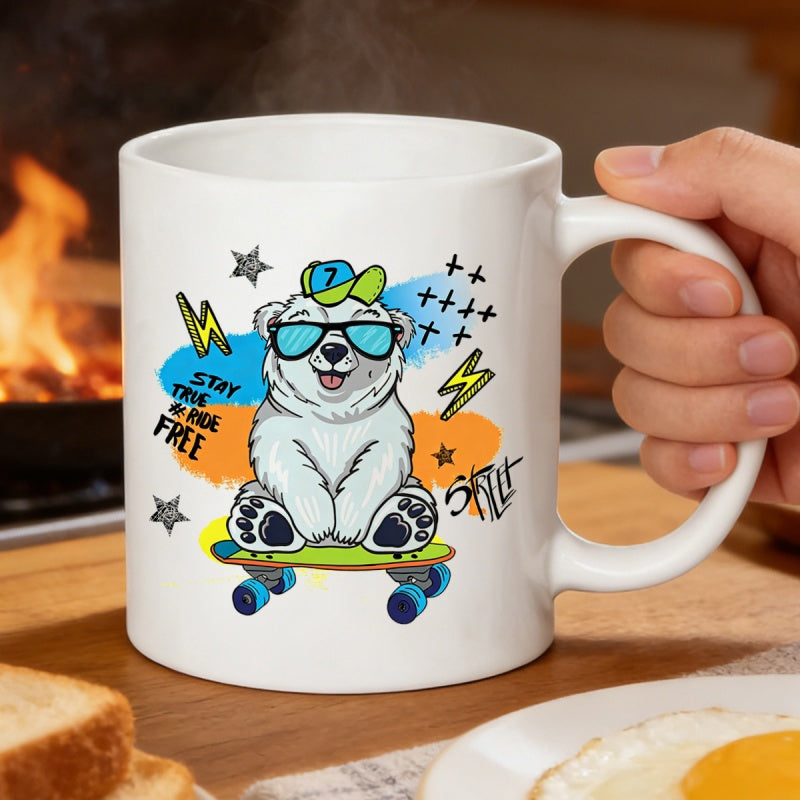Tailorly White Ceramic 11 oz Mug - Stay True To Your Free Cool Cartoon Polar Wearing Sunglasses And Cap On Skateboard Bear
