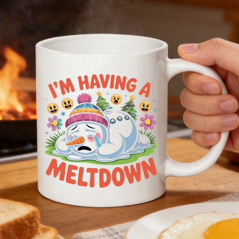 Tailorly White Ceramic 11 oz Mug - Im Having A Meltdown Melting Sad Snowman Wearing Beanie Hat Surrounded By Small Festive Trees Snowman