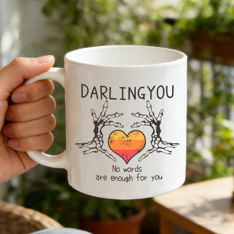 Tailorly White Ceramic 11 oz Mug - Darlingyou No Words Are Enough For You Retro Skeleton Hands Framing A Vibrant Sunset Colored Gradient Decorative Heart