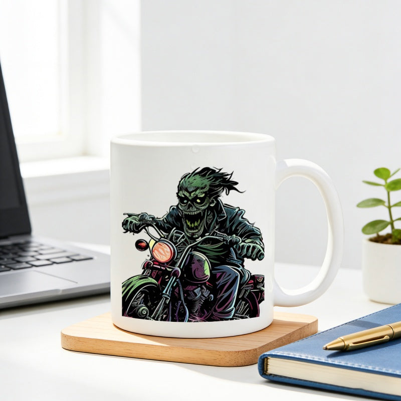 Tailorly White Ceramic 11 oz Mug - Green Zombie Monster Riding A Vintage Custom Classic Chopper Style Motorcycle