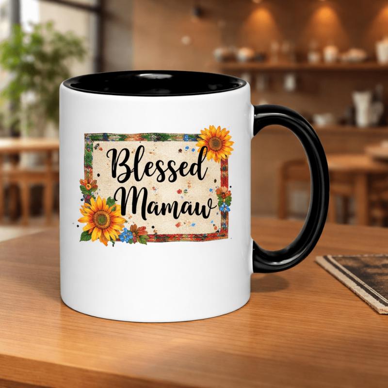 Tailorly Black Accent 11 oz Mug - gradient with sunflowers and a floral border