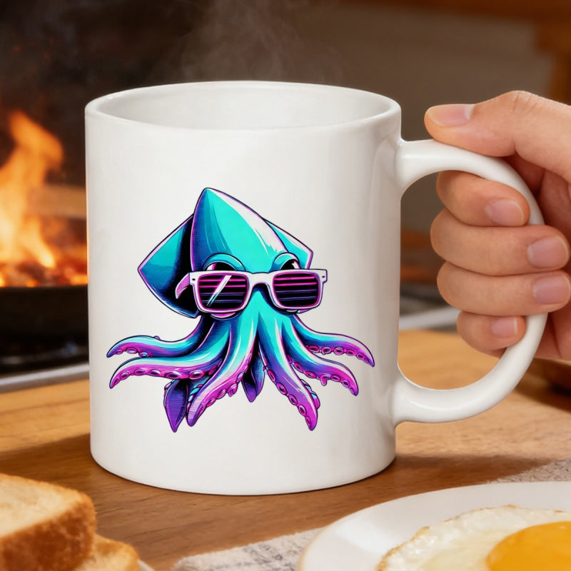 Tailorly White Ceramic 11 oz Mug - Vibrantly Colored Aquatic Creature Wearing Retro Pink Shades With Neon Glowing Tentacles Squid