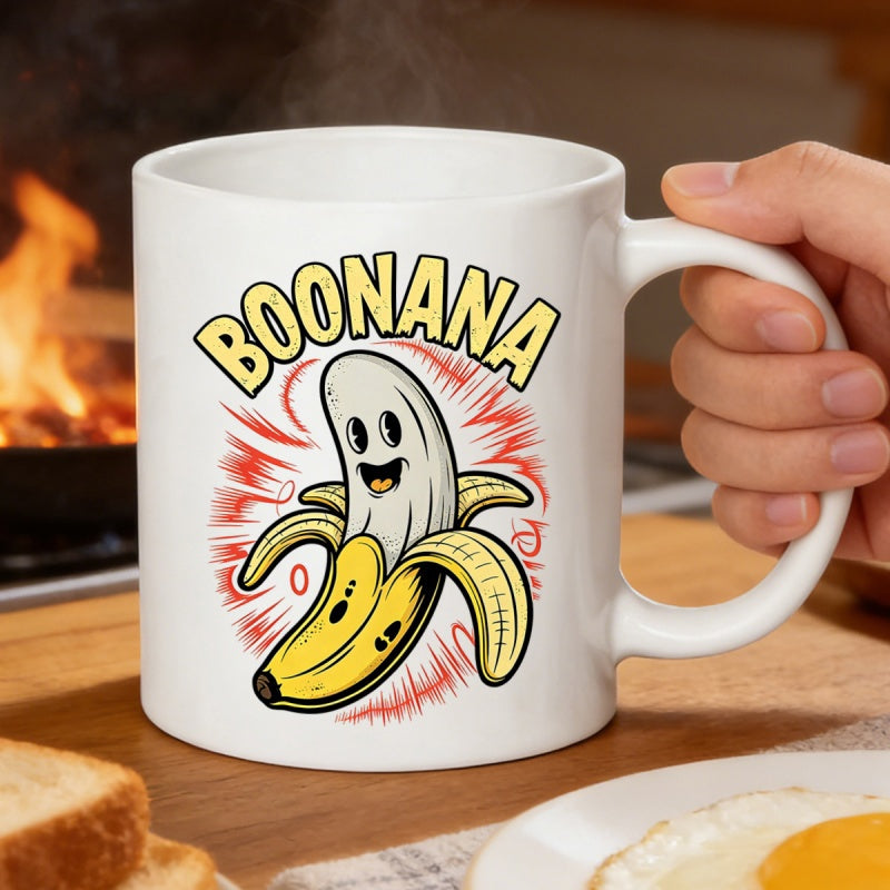 Tailorly White Ceramic 11 oz Mug - Boonana Peeled Yellow Fruit Featuring Cute Smiling White Ghost Character Banana