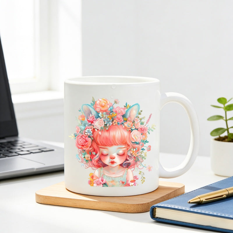 Tailorly White Ceramic 11 oz Mug - Watercolor Style Illustration Of Beautiful Child Wearing Colorful Spring Flowers Girl