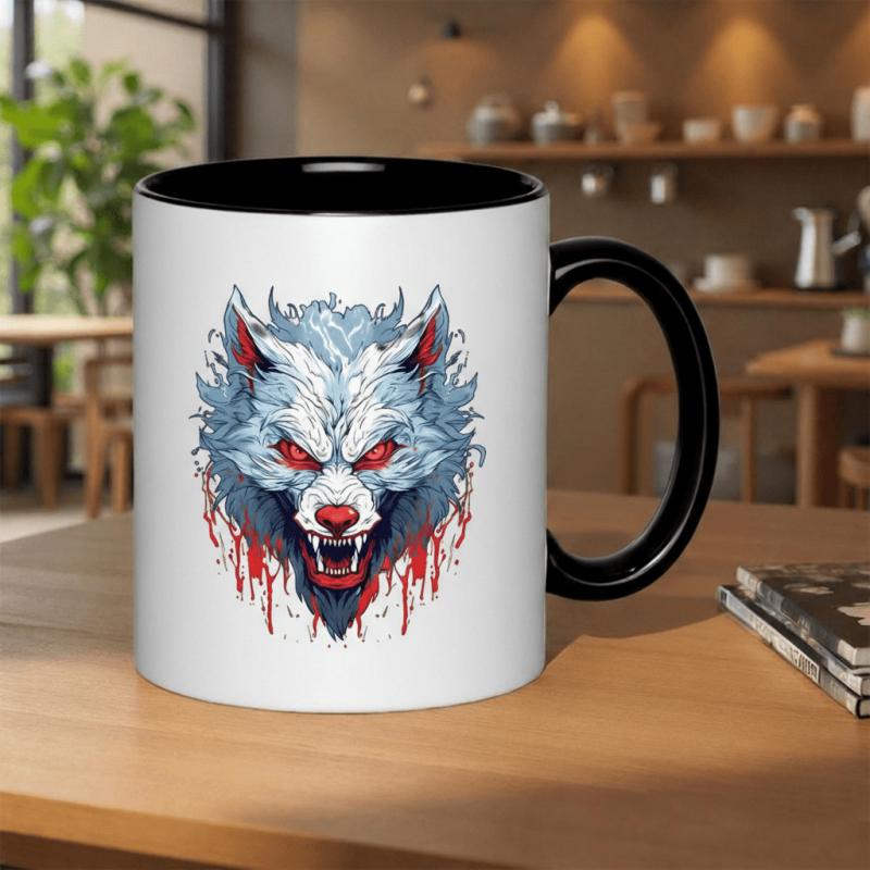 Tailorly Black Accent 11 oz Mug - wolf head with red eyes and blood splatter