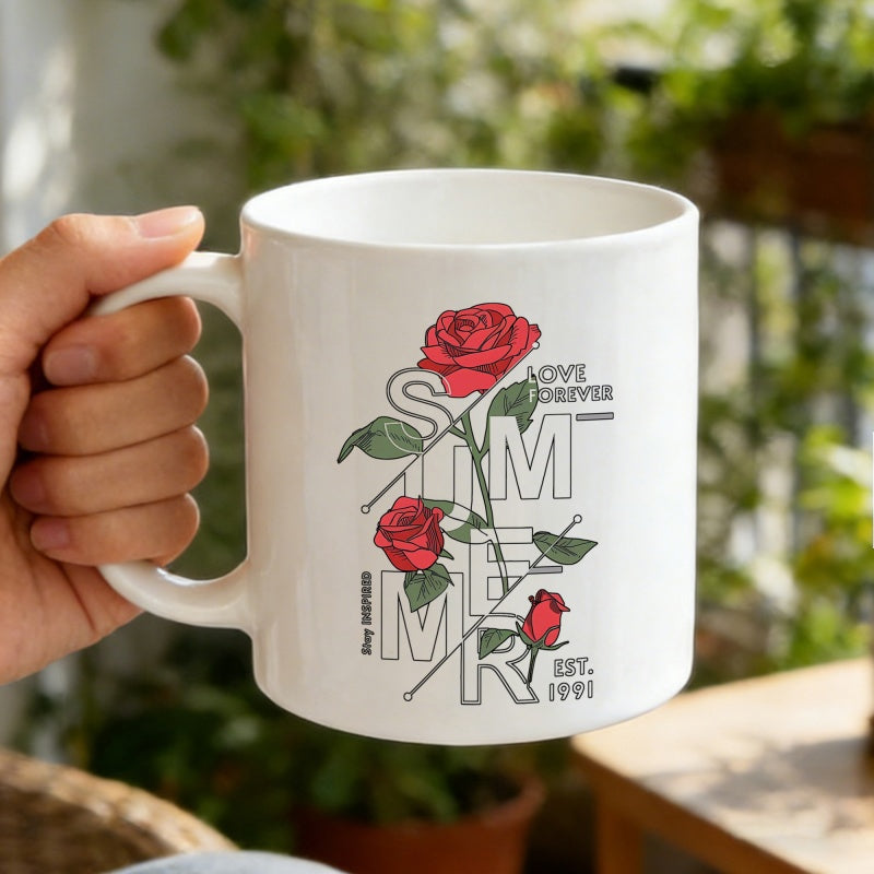 Tailorly White Ceramic 11 oz Mug - Summer Love Forever Stay Inspired Est 1991 Vibrant Red Blossoms With Green Leaves Intertwining Among Modern Graphic Typography