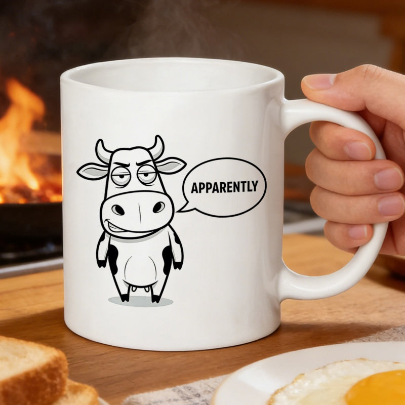 Tailorly White Ceramic 11 oz Mug - Apparently Minimalist Black And White Line Art Graphic With Sarcastic Expression Cow