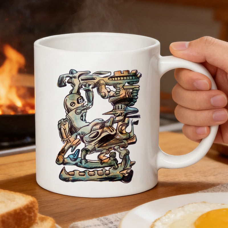 Tailorly White Ceramic 11 oz Mug - Vibrant Colorful Abstract Illustration Featuring Complex Intertwined Mechanical Shapes Design
