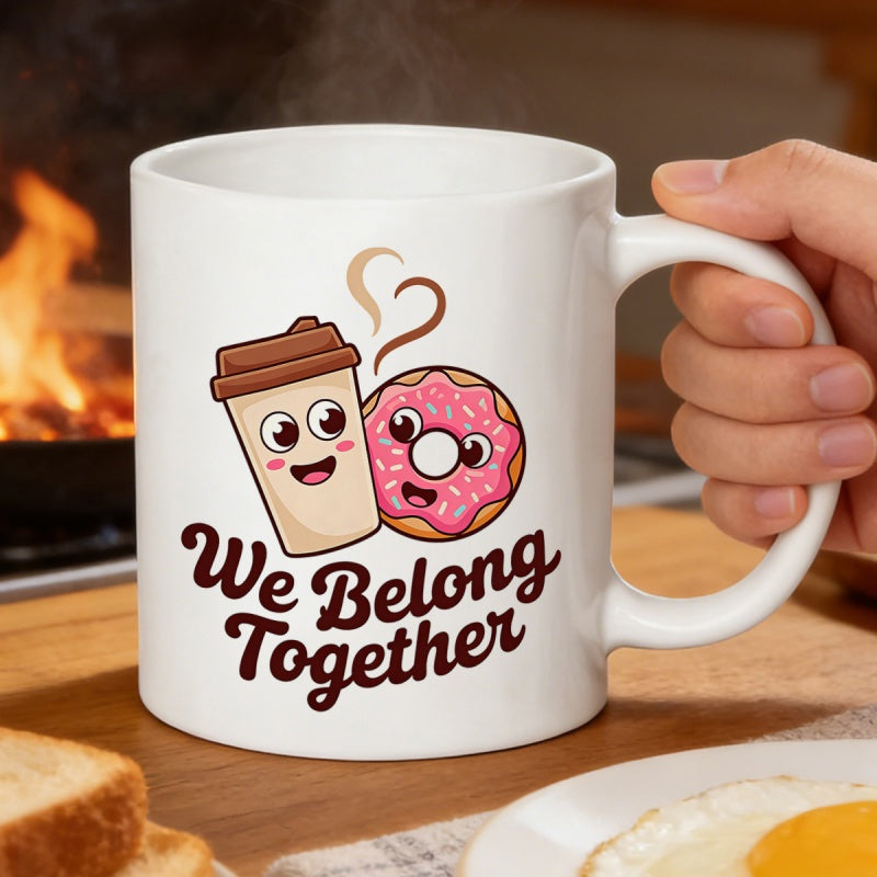Tailorly White Ceramic 11 oz Mug - We Belong Together Cheerful Coffee Cup And Frosted Pink Donut With Heart Steam Mug
