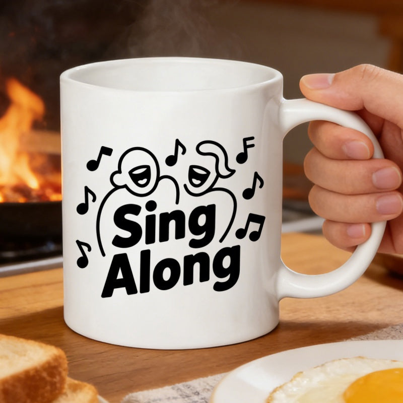 Tailorly White Ceramic 11 oz Mug - Sing Along Joyful Cartoon Characters Singing Melodies Surrounded By Notes Illustration