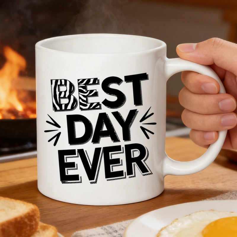 Tailorly White Ceramic 11 oz Mug - Best Day Ever Polished Held By Hand Amidst Warm Breakfast Scenery Mug