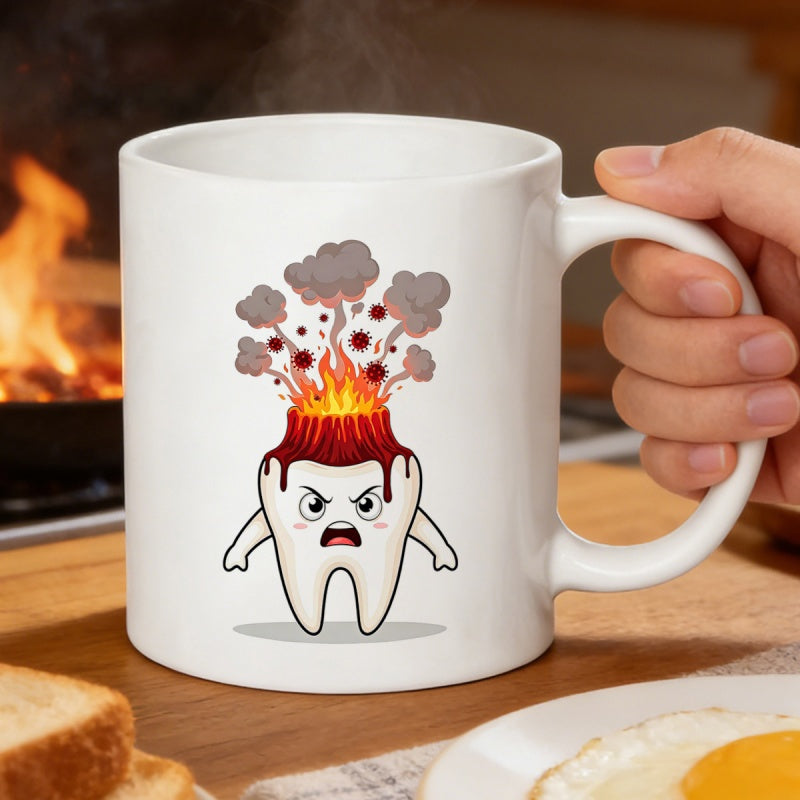 Tailorly White Ceramic 11 oz Mug - Angry Cartoon Character With Smoking Volcanic Eruption Atop Its Head Tooth