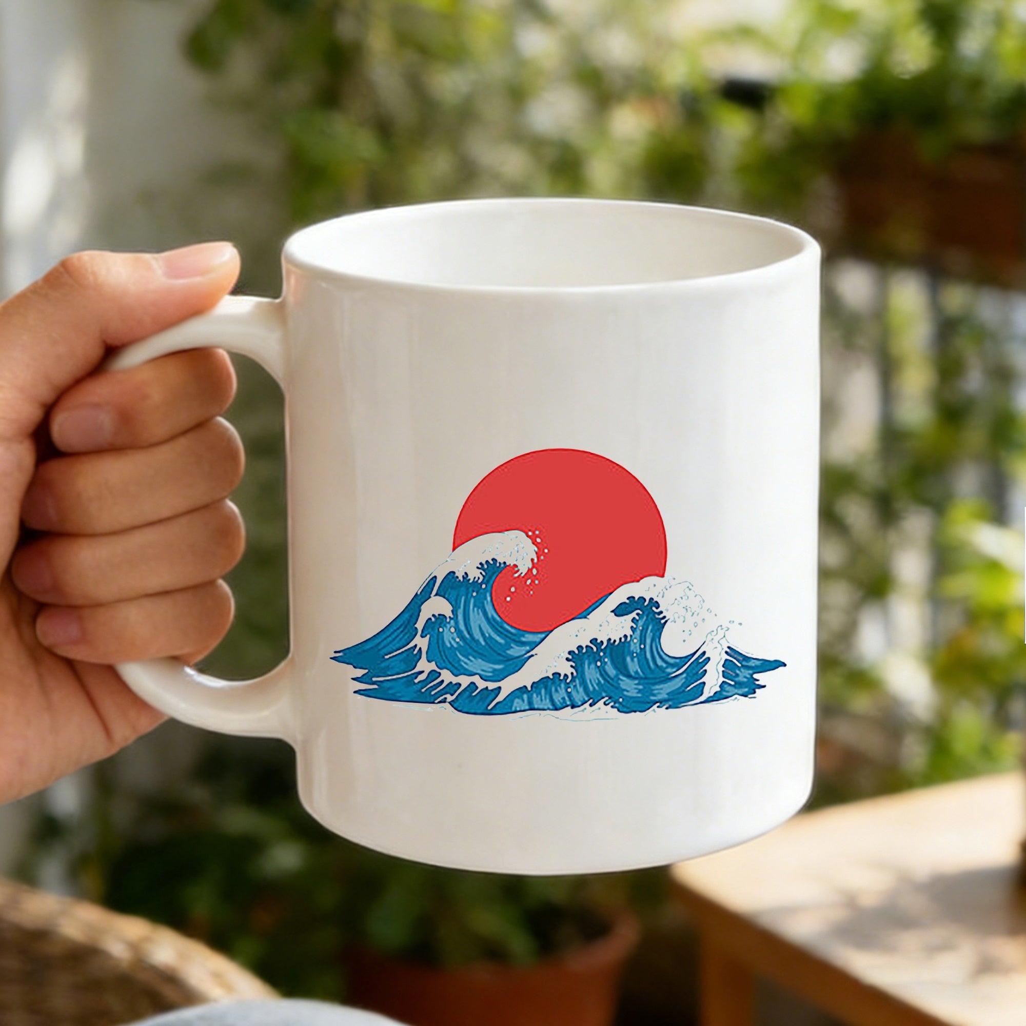 Tailorly White Ceramic 11 oz Mug - Stylized Blue Ocean Cresting Waves Under Large Red Circular Sun Wave