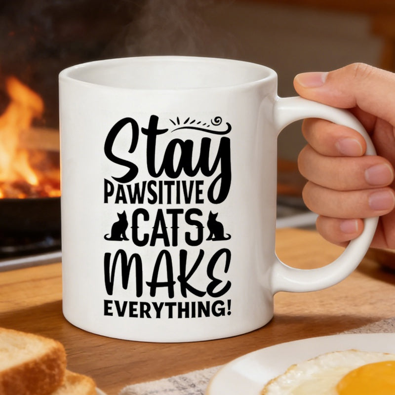 Tailorly White Ceramic 11 oz Mug - Stay Pawsitive Cats Make Everything Artistic Hand Lettering With Minimalist Black Silhouette Feline Elements Mug