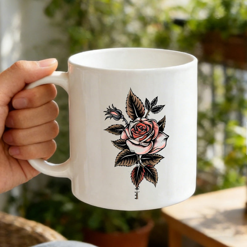 Tailorly White Ceramic 11 oz Mug - Elegant Vintage Tattoo Style Featuring Detailed Dark Leaves And Bud Rose