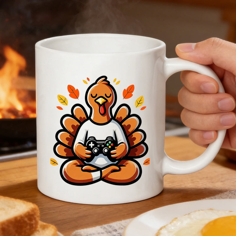Tailorly White Ceramic 11 oz Mug - Funny Cartoon Gaming Bird Sitting Meditatively Holding Video Game Controller Turkey