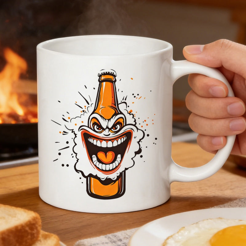 Tailorly White Ceramic 11 oz Mug - Animated Grinning Beer Character Surrounded By White Foamy Splashes And Bubbles Bottle